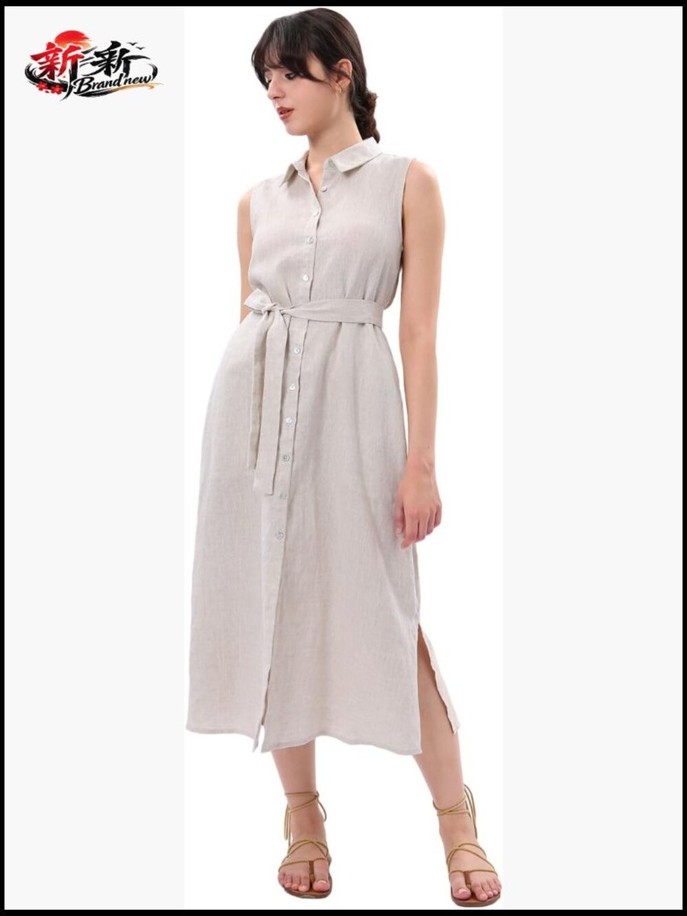 Pure Linen Sleeveless Button Down Midi Dress with Belt